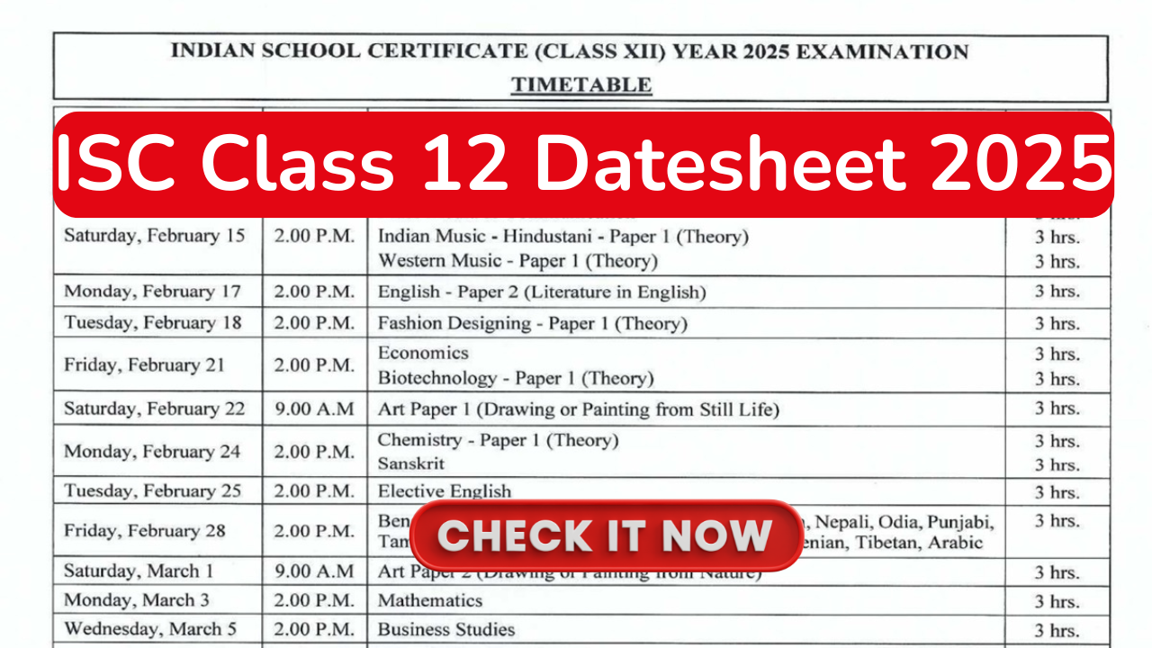 ISC Class 12 Datesheet 2025